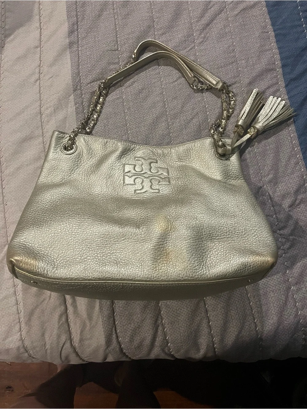 Tory Burch Metallic gold Leather Shoulder Bag with Tassel